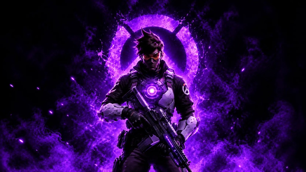 Overwatch 2 tactical hero in purple energy glow holding a rifle, centered on a dark banner.